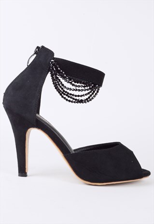 BLACK SUEDE PEE TOE SHOES WITH BEADWORK EMBELLISHMENT