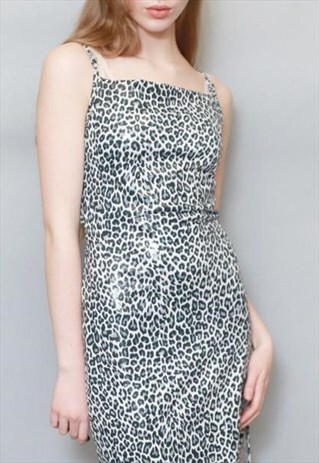 VINTAGE 1990'S SILKY GREY LEOPARD PATTERN STRAPPY MINI DRESS