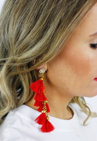 RED TASSEL FRINGE RHINESTONE CHANDELIER DROP EARRINGS
