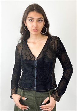 Vintage y2k cardigan mesh and velour top 