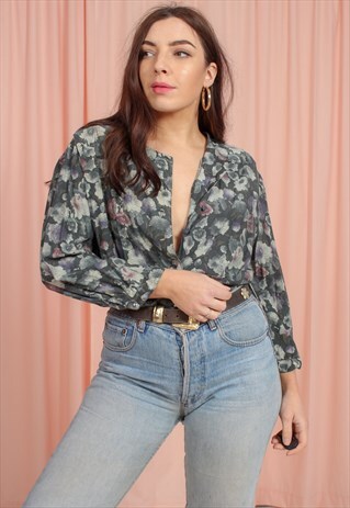 VINTAGE 80S PEPLUM BLOUSE IN GREY FLORAL PRINT