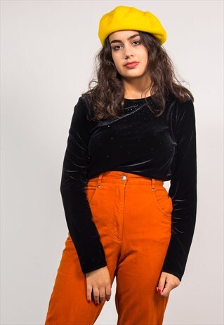 90'S VINTAGE BLACK VELVET RHINESTONE Y2K TOP