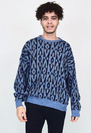 VINTAGE 90'S NAVY & BLUE PRINTED KNITTED JUMPER