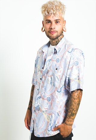 VINTAGE 80S CRAZY PATTERN FESTIVAL SHORT SLEEVE SHIRT /S6555