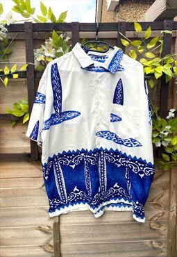 Vintage silver stripe 1990s blue white Hawaiian shirt XL 
