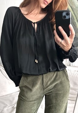 Black Boho Short Bomber Blouse - M