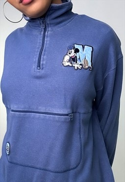 Blue 90s Mickey Mouse Embroidered 1/4 Zip Sweatshirt