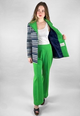70's Ladies Lerose Vintage Green Blue Stripe Trouser Suit