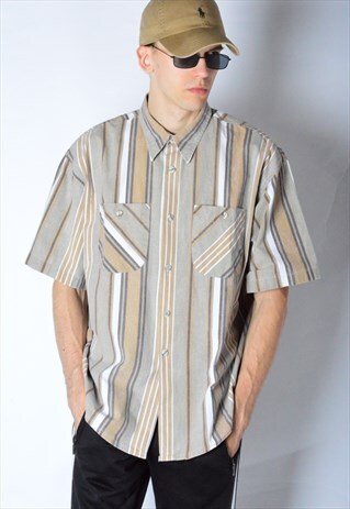 VINTAGE 90S BEIGE STRIPED SHORT SLEEVE SHIRT