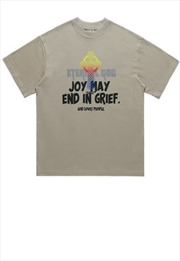 Bible t-shirt joy slogan tee cross print grunge top in brown