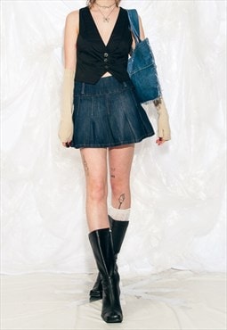 Vintage Y2K Pleated Denim Skirt in Dark Blue