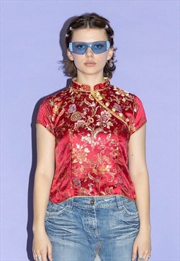 Vintage Y2K cheongsam shiny floral top in red & gold