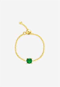 Gold Chain Ring With Round Emerald Green Stone - Adjustable
