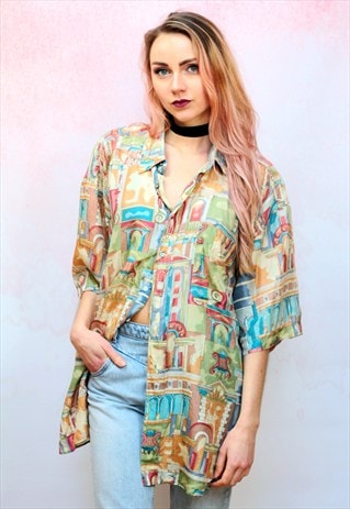 1990S VINTAGE MULTI COLOURED PRINT PURE SILK SHIRT