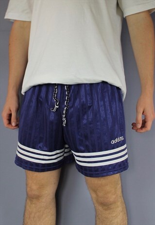 VINTAGE ADIDAS SHORTS IN NAVY WITH EMBROIDERED LOGO AND DRAW