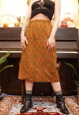 Vintage 80s Paisley Pencil Midi Skirt in Orange / Green