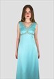 TREVIRA 60'S VINTAGE LADIES MAXI DRESS BLUE SATIN GOLD LUREX