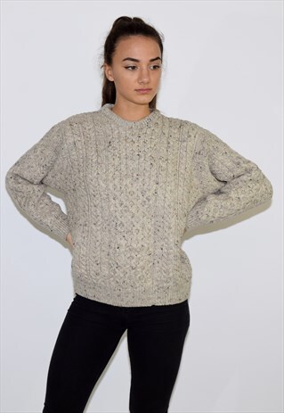 VINTAGE 90S GREY WHITE THICK KNIT WOOLEN JUMPER