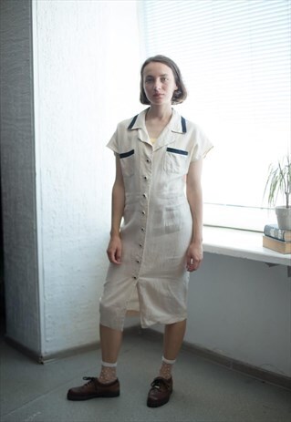 VINTAGE 80'S MIDI LINEN SHORT SLEEVED DRESS