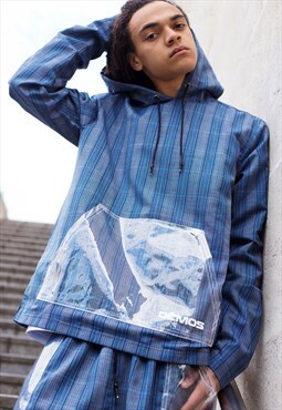 Blue striped Premium wool oversized hoodies unisex Y2k