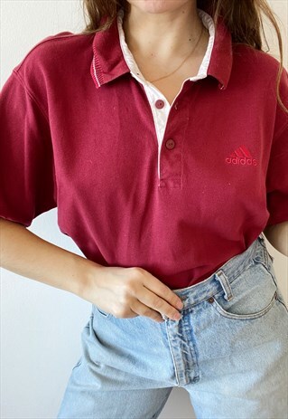 VINTAGE 90S ADIDAS LOGO POLO TOP T-SHIRT TEE MAROON BLOUSE