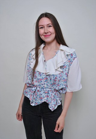 VINTAGE POET BLOUSE WITH FLOWERS PRINT, RUFFLED SUMMER TOP