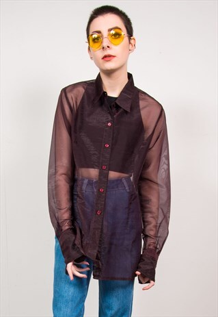 VINTAGE 90'S DARK PURPLE SHEER METALLIC OVERSIZED SHIRT