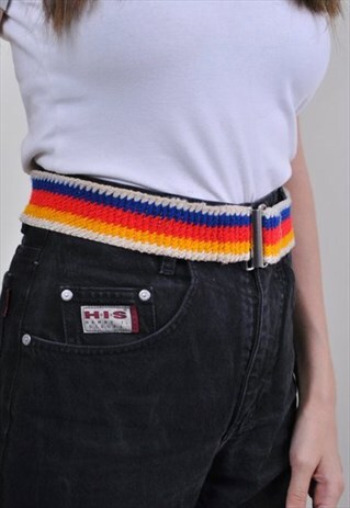 VINTAGE MULTICOLOR BELT, 80S COTTON BELT, RAINBOW PRINT BELT