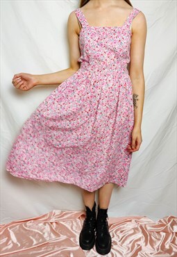 Vintage Pink Floral Square Neck Midi Dress (Up to a size 10)