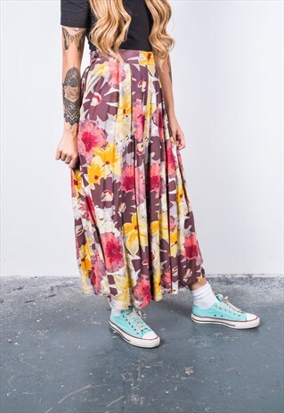 VINTAGE YELLOW AND PINK FLORAL PATTERNED WIDE-LEG TROUSERS