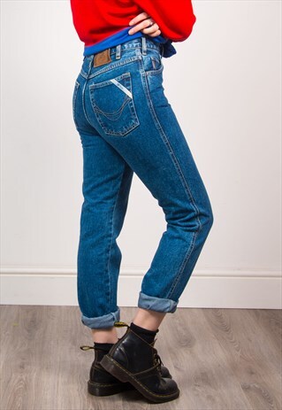 VINTAGE 90'S BLUE DENIM HIGH WAIST SLIM FIT MOM JEANS