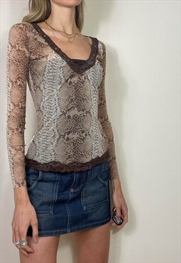 Vintage Y2K Mesh Lace Top Snake Print Brown Grunge Festival