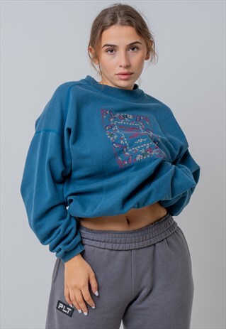 VINTAGE FLORAL EMBROIDERED SWEATSHIRT IN BLUE MEDIUM