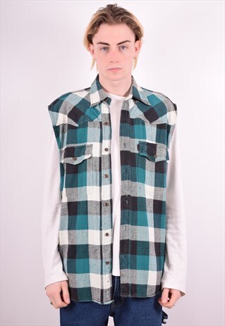 MENS VINTAGE FLANNEL SHIRT SLEEVELESS LARGE GREEN CHECK 90S