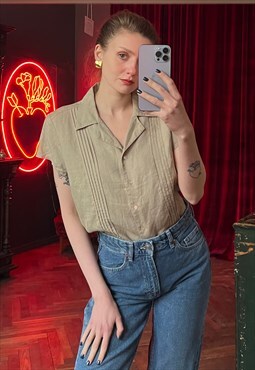 Short Sleeve Beige Button Up Linen Shirt with mother of pear