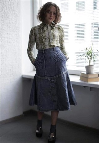 VINTAGE 80'S MIDI BLUE ACID WASH DENIM SKIRT