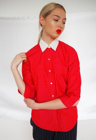 VINTAGE RALPH LAUREN RED STRIPE SHIRT WHITE COLLAR CONTRAST