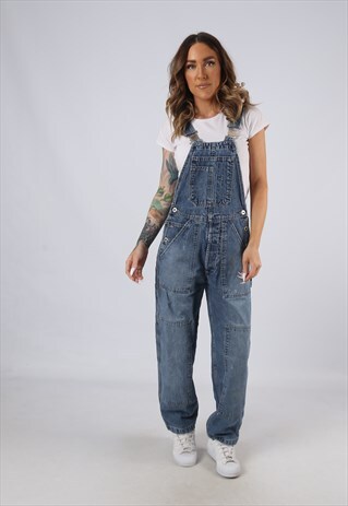 VINTAGE DENIM DUNGAREES WIDE TAPERED LEG UK 10 SMALL (JA5M)