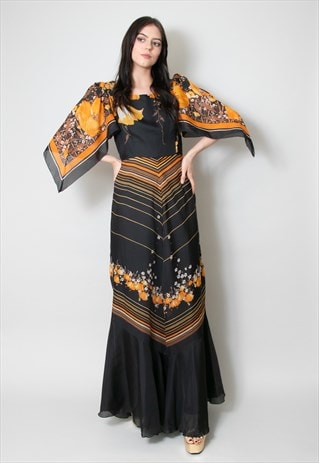  70's Vintage Maxi Dress Black Orange Print Kimono Sleeve 
