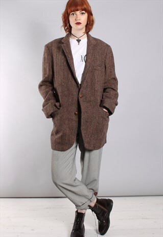 VINTAGE 80S HARRIS TWEED HERRINGBONE LONG BLAZER JACKET