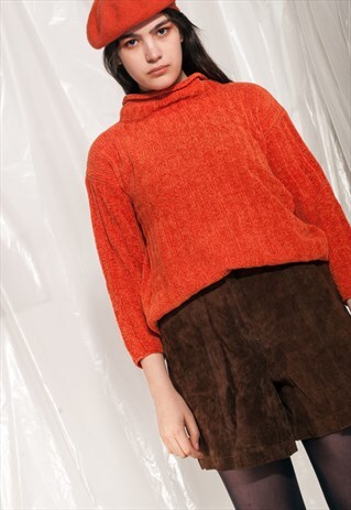 VINTAGE KNIT JUMPER 90S ORANGE CHENILLE SWEATER