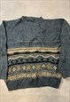 VINTAGE KNITTED JUMPER ABSTRACT PATTERNED GRANDAD SWEATER