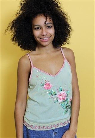 MINT GREEN MESH CAMI TOP WITH EMBROIDERY