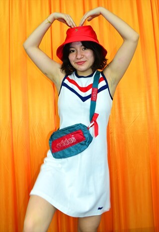 VINTAGE 70S MINI MOD DRESS WHITE RED NAVY BLUE STRIPED