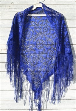 Vintage blue/black floral lace shawl,scarf