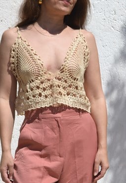 Sand beige handmade delicate crochet boho chic top.