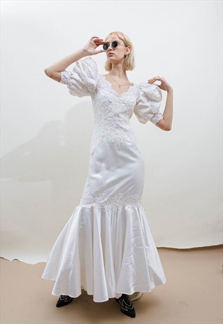 VINTAGE 80S SEQUINS PUFFY SLEEVES BOW LAYERED WEDDING DRESS