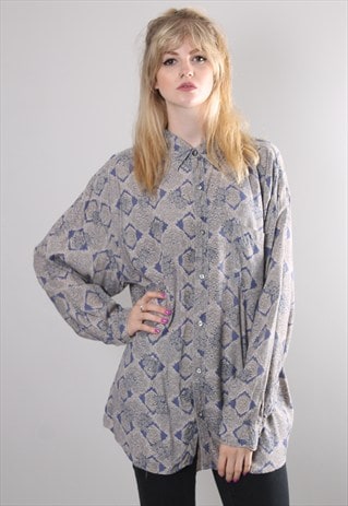 VINTAGE 80S CRAZY PATTERN OVERSIZE BAGGY GREY SHIRT TOP