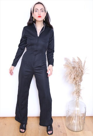 VINTAGE 70S BLACK ZIP LONG SLEEVE JUMPSUIT