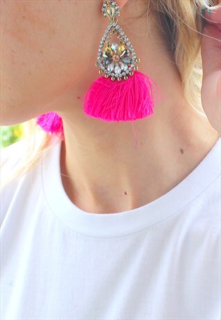 EARRINGS FUCHSIA PINK WITH RHINESTONES AND TASSELS
